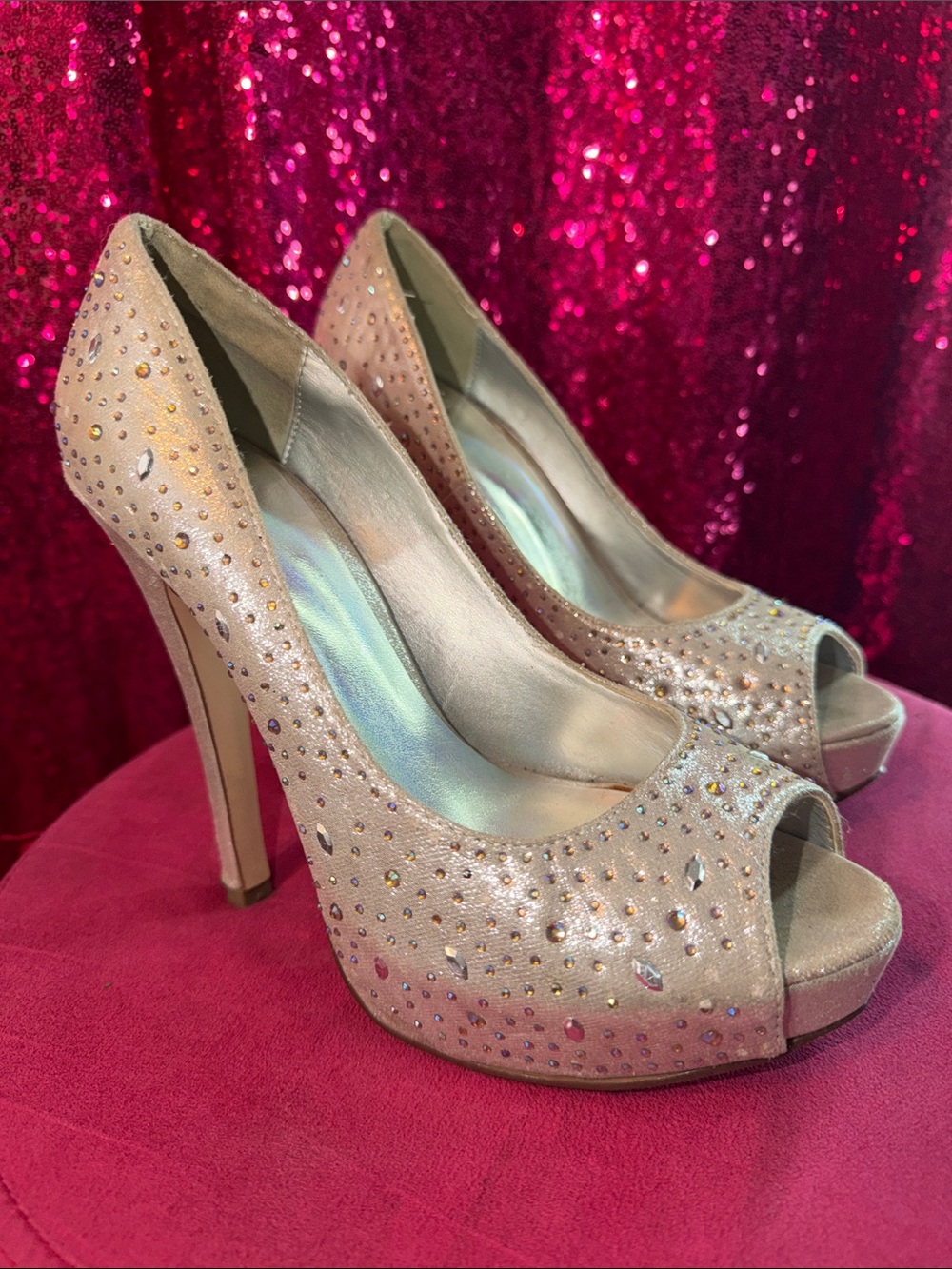 De Blossom Collection Champagne Open-Toe Rhinestone High Heels